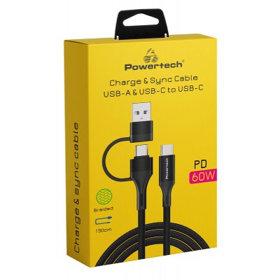 POWERTECH καλώδιο USB & USB-C σε USB-C PTR-0158, PD 60W, copper, 1.5m, μαύρο POWERTECH καλώδιο USB & USB-C σε USB-C PTR-0158, PD 60W, copper, 1.5m, μαύρο