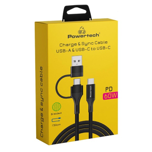 POWERTECH καλώδιο USB & USB-C σε USB-C PTR-0158, PD 60W, copper, 1.5m, μαύρο POWERTECH καλώδιο USB & USB-C σε USB-C PTR-0158, PD 60W, copper, 1.5m, μαύρο
