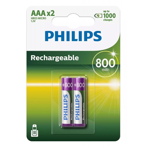 PHILIPS επαναφορτιζόμενη μπαταρία R03B2A80 800mAh, AAA HR03 Micro, 2τμχ