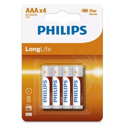 PHILIPS LongLife Zinq chloride μπαταρίες R03L4B/10 AAA R03 Micro, 4τμχ PHILIPS LongLife Zinq chloride μπαταρίες R03L4B/10 AAA R03 Micro, 4τμχ
