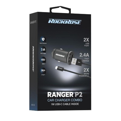 ROCKROSE φορτιστής αυτοκινήτου Ranger P2 με καλώδιο, 2x USB, 12W, μαύρος