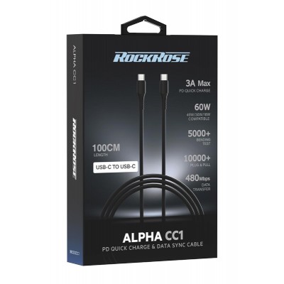 ROCKROSE καλώδιο USB-C Alpha CC1, 3A 60W, 1m, μαύρο ROCKROSE καλώδιο USB-C Alpha CC1, 3A 60W, 1m, μαύρο