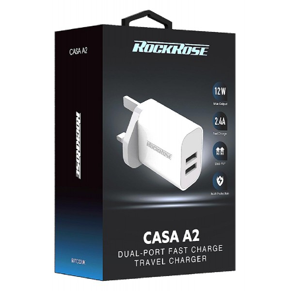 ROCKROSE φορτιστής τοίχου για πρίζα UK Casa A2, 2x USB, 2.4A 12W, λευκός ROCKROSE φορτιστής τοίχου για πρίζα UK Casa A2, 2x USB, 2.4A 12W, λευκός