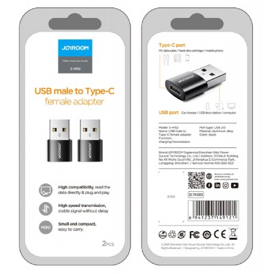 JOYROOM αντάπτορας USB σε USB Type-C S-H152, μαύρος, 2τμχ JOYROOM αντάπτορας USB σε USB Type-C S-H152, μαύρος, 2τμχ