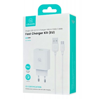 USAMS φορτιστής τοίχου SCXLTZ01 με καλώδιο micro USB, USB, 18W, λευκός