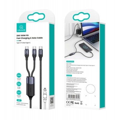 USAMS καλώδιο USB-C σε 2x USB-C US-SJ551, PD 100W, 1.2m, μαύρο USAMS καλώδιο USB-C σε 2x USB-C US-SJ551, PD 100W, 1.2m, μαύρο