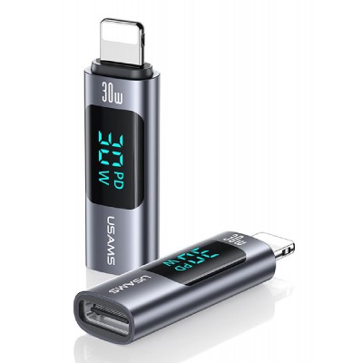 USAMS αντάπτορας Lightning σε USB-C US-SJ681 με οθόνη, 30W, γκρι USAMS αντάπτορας Lightning σε USB-C US-SJ681 με οθόνη, 30W, γκρι