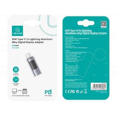 USAMS αντάπτορας Lightning σε USB-C US-SJ681 με οθόνη, 30W, γκρι USAMS αντάπτορας Lightning σε USB-C US-SJ681 με οθόνη, 30W, γκρι