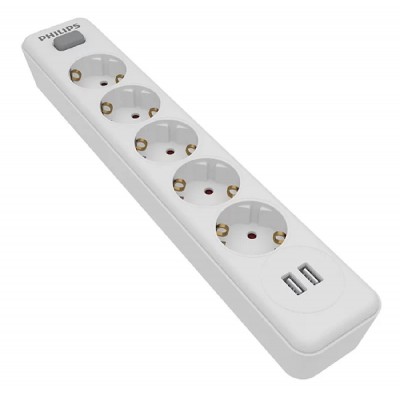 PHILIPS πολύπριζο SPN3052WA, 5x schuko 16A, 2x USB 2.4A, 2m, λευκό PHILIPS πολύπριζο SPN3052WA, 5x schuko 16A, 2x USB 2.4A, 2m, λευκό