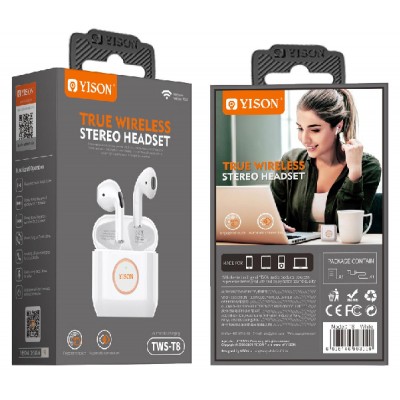 YISON earphones με θήκη φόρτισης T8, True Wireless, λευκά YISON earphones με θήκη φόρτισης T8, True Wireless, λευκά