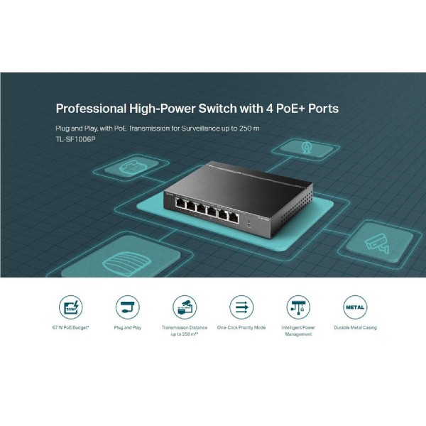 TP-LINK desktop switch TL-SF1006P, 6-Port 10/100Mbps, 4x PoE+, Ver. 1.0 TP-LINK desktop switch TL-SF1006P, 6-Port 10/100Mbps, 4x PoE+, Ver. 1.0