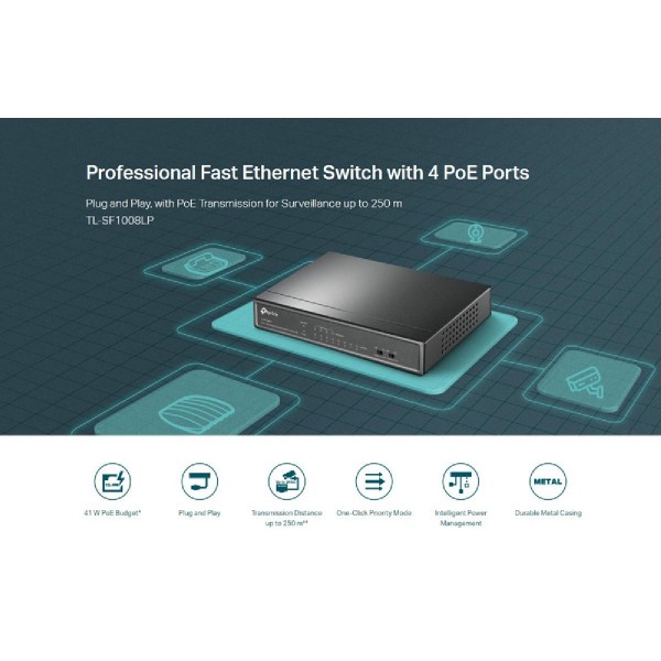 TP-LINK desktop switch TL-SF1008LP, 8-Port 10/100Mbps, 4x PoE, Ver. 2.0 TP-LINK desktop switch TL-SF1008LP, 8-Port 10/100Mbps, 4x PoE, Ver. 2.0