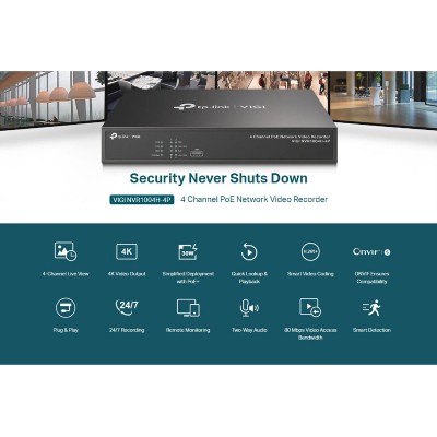 TP-LINK NVR καταγραφικό VIGI NVR1004H-4P, 8MP, 4 κανάλια PoE, Ver. 1.0 TP-LINK NVR καταγραφικό VIGI NVR1004H-4P, 8MP, 4 κανάλια PoE, Ver. 1.0