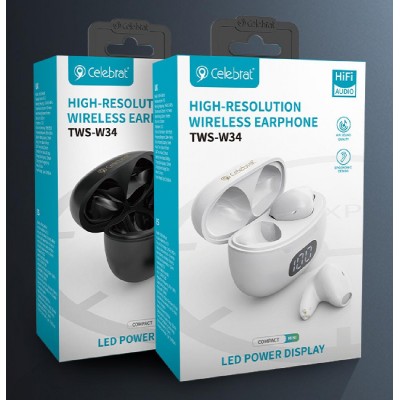 CELEBRAT earphones με θήκη φόρτισης TWS-W34, True Wireless, λευκά CELEBRAT earphones με θήκη φόρτισης TWS-W34, True Wireless, λευκά