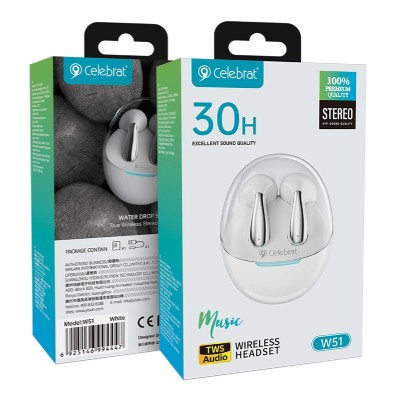 CELEBRAT earphones με θήκη φόρτισης W51, True Wireless, Φ13mm, λευκά CELEBRAT earphones με θήκη φόρτισης W51, True Wireless, Φ13mm, λευκά