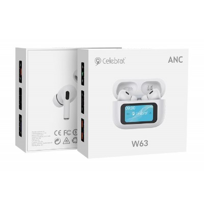 CELEBRAT earphones με θήκη φόρτισης W63, οθόνη αφής, TWS, ANC, 13mm, 30/360mAh, λευκό CELEBRAT earphones με θήκη φόρτισης W63, οθόνη αφής, TWS, ANC, 13mm, 30/360mAh, λευκό