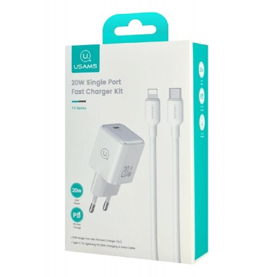USAMS φορτιστής τοίχου US-YX με καλώδιο Lightning, USB-C 20W, λευκός USAMS φορτιστής τοίχου US-YX με καλώδιο Lightning, USB-C 20W, λευκός